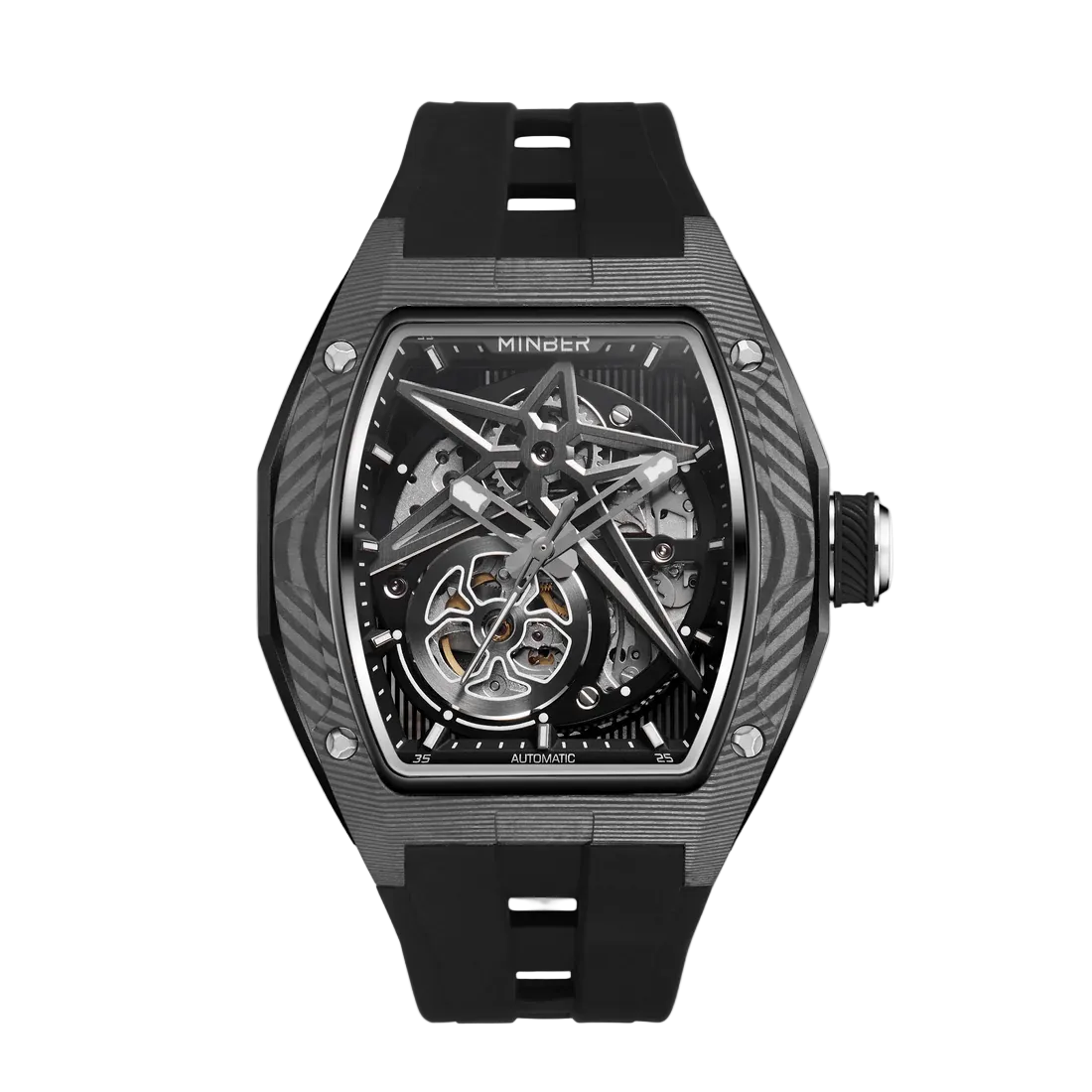 MINBER STAR Skeleton JC9108G.01 Black Carbon Fiber Automatic Black Rubber Strap