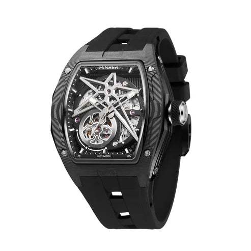 MINBER STAR Skeleton JC9108G.01 Black Carbon Fiber Automatic Black Rubber Strap