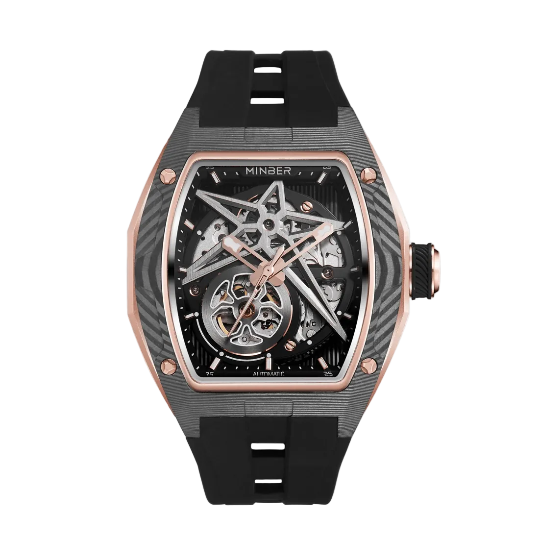 MINBER STAR Skeleton JC9108G.02 Rose Carbon Fiber Automatic Black Rubber Strap
