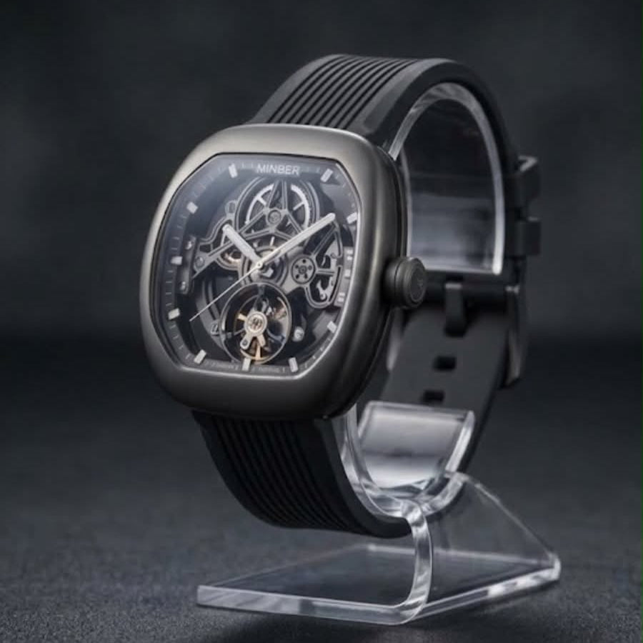 MINBER Skeleton-X JC9253G-1.02 All Black Silicon Strap Automatic Watch