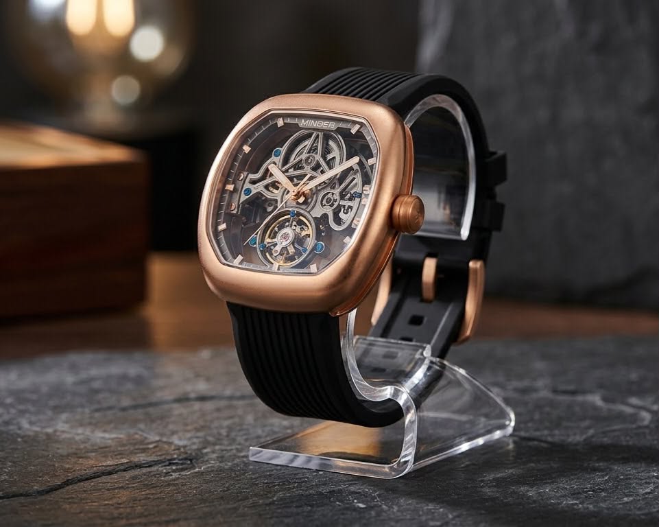 MINBER Skeleton-X JC9253G-2.01 Rose Gold Black Silicon Strap Automatic Watch