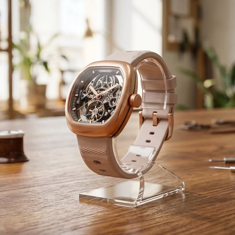 MINBER Skeleton-X JC9253G-2.02 Rose Gold Light Beige Silicon Strap Automatic Watch
