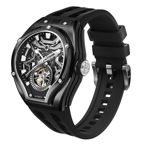MINBER NOVA JC9045G.03 - Deep Black Silicon Strap Skeleton Automatic Watch