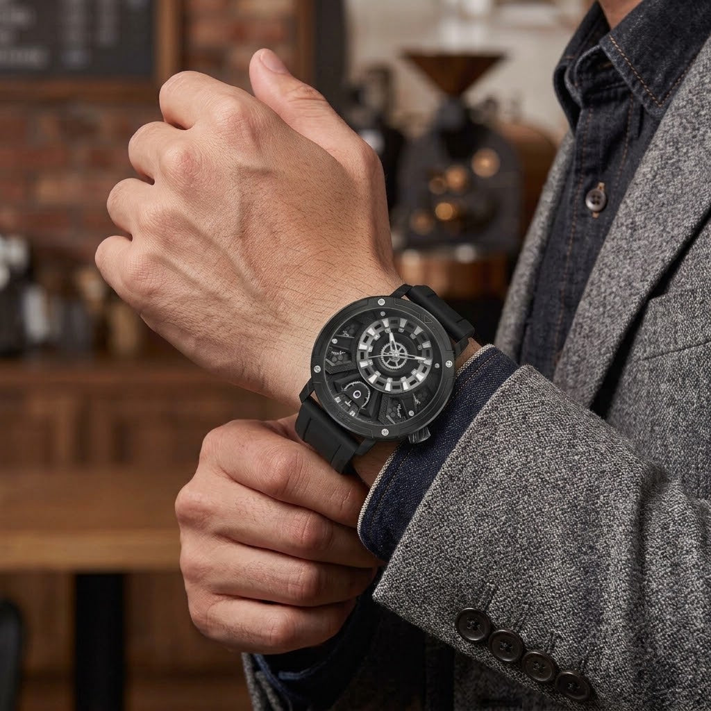 MINBER Obsidian-Mech JC9101G.01 All Black With Black Rubber Strap Quartz Watch