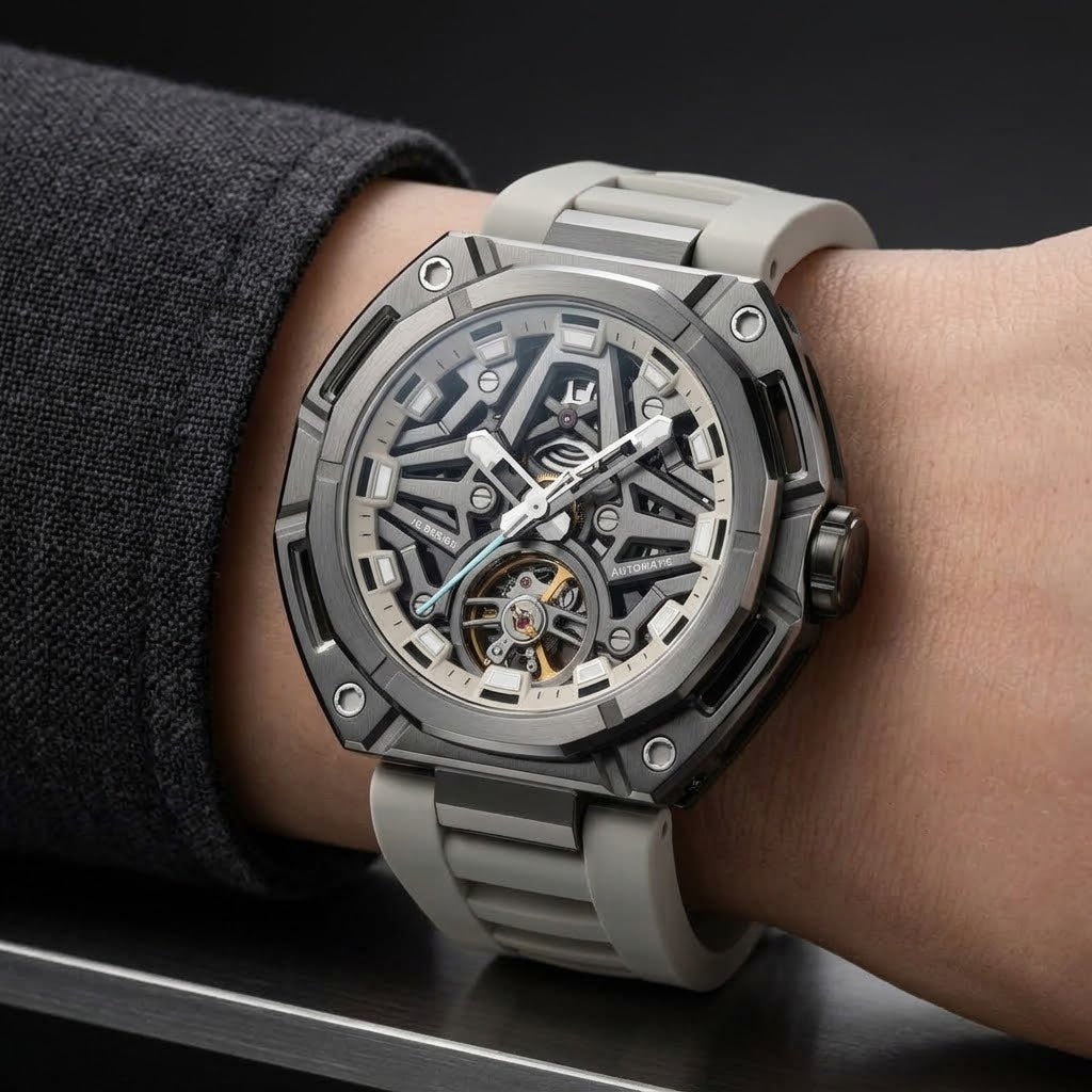 MINBER AeroForge Skeleton JC9236G-2.01 Gunmatelic Beige Silicon Strap Automatic Watch