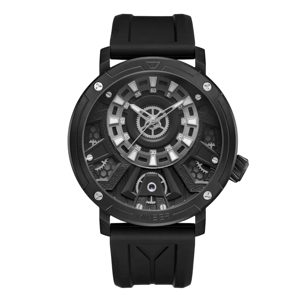 MINBER Obsidian-Mech JC9101G.01 All Black With Black Rubber Strap Quartz Watch