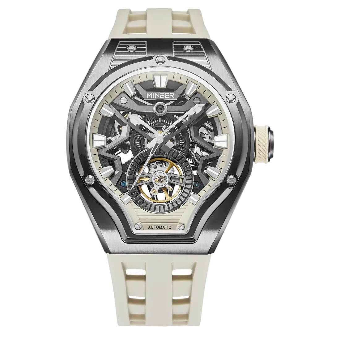 MINBER NOVA JC9045G.04 - Beige Silicon Strap Skeleton Automatic Watch